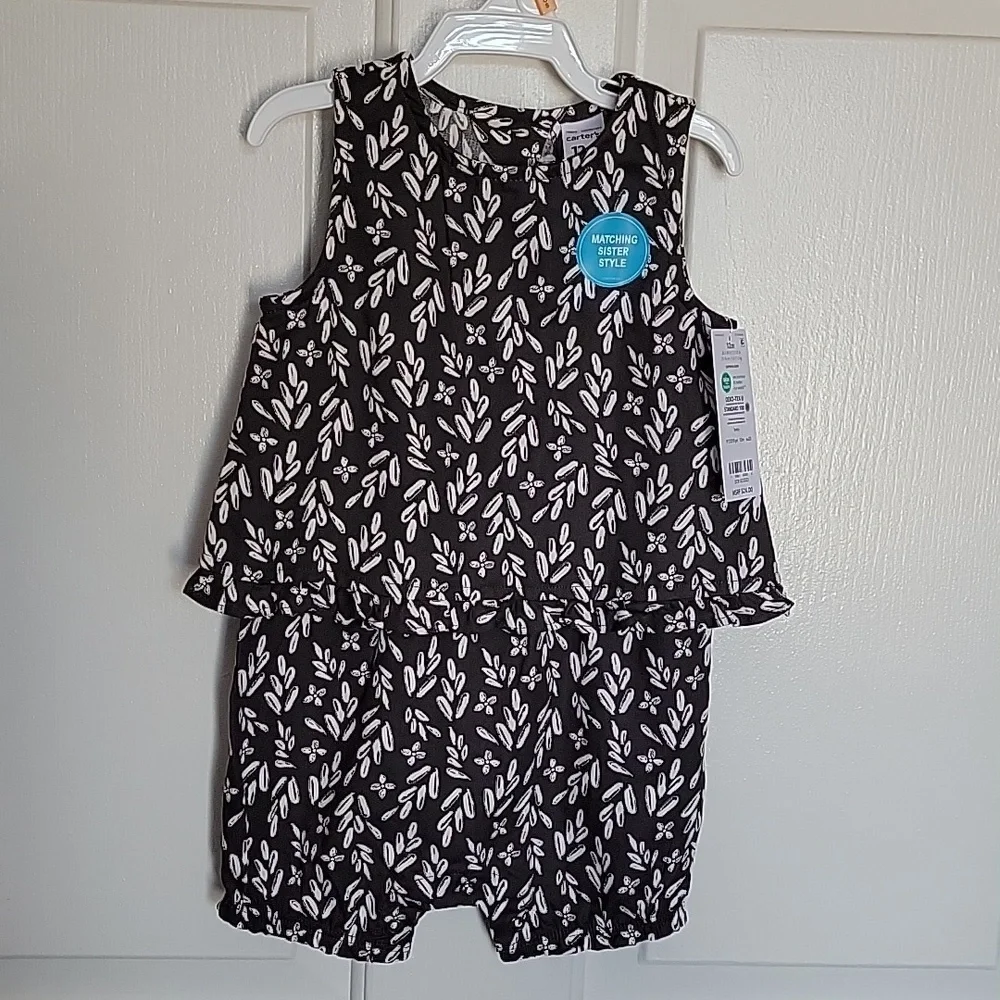 Carter's NWT, girls 12 months, 1 piece romper, charcoal gray and white.